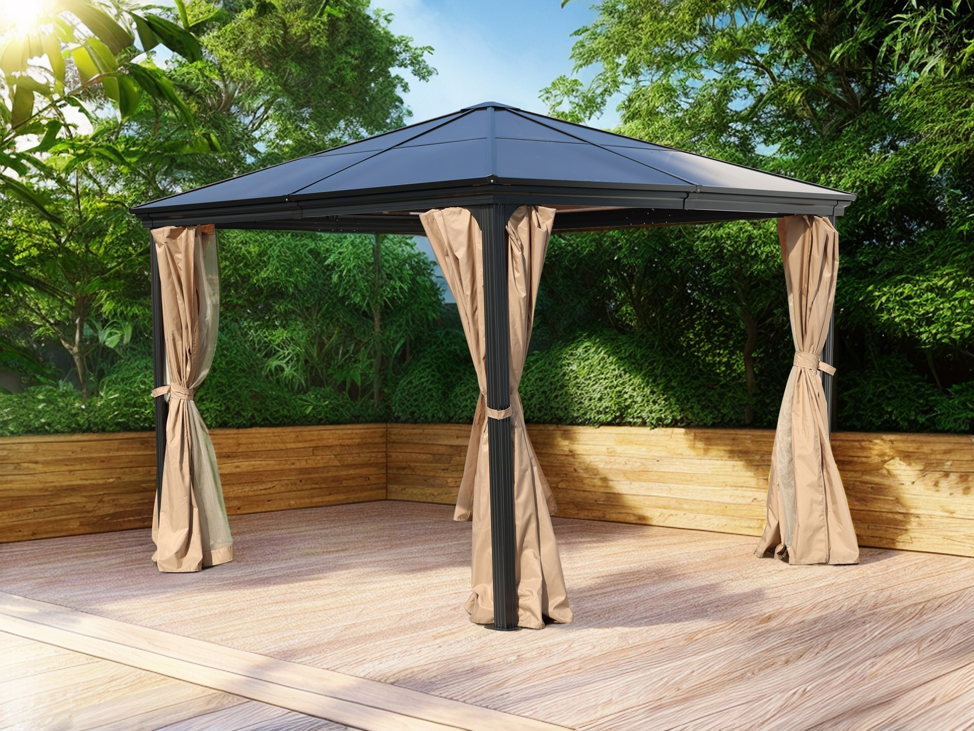 Garten Pavillion  Pergola Suez II 3x3m braun aus Aluminium mit festem Dach