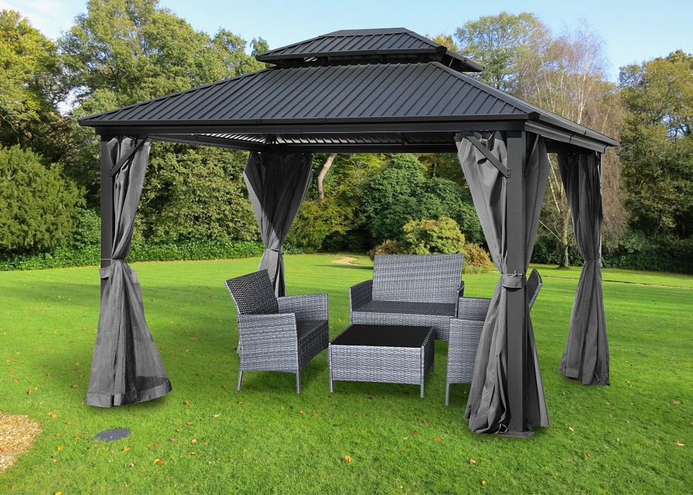 Pavillion Garten Pergola mit festem Metalldach und Alu Gestell Massive Stützen Sonnenschutz