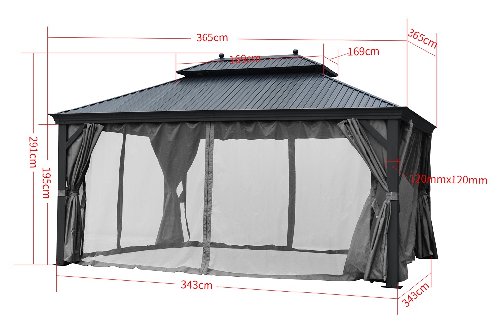 Pavillion Garten Pergola mit festem Metalldach und Alu Gestell Massive Stützen Sonnenschutz