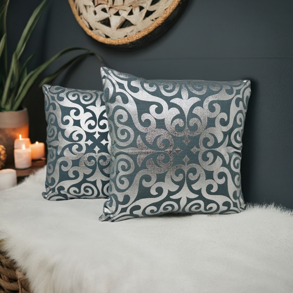 Jet-Line® 2-er Deko Kissen Set Ornament - Silber 40x40 cm Sofakissen Indoor mit Füllung