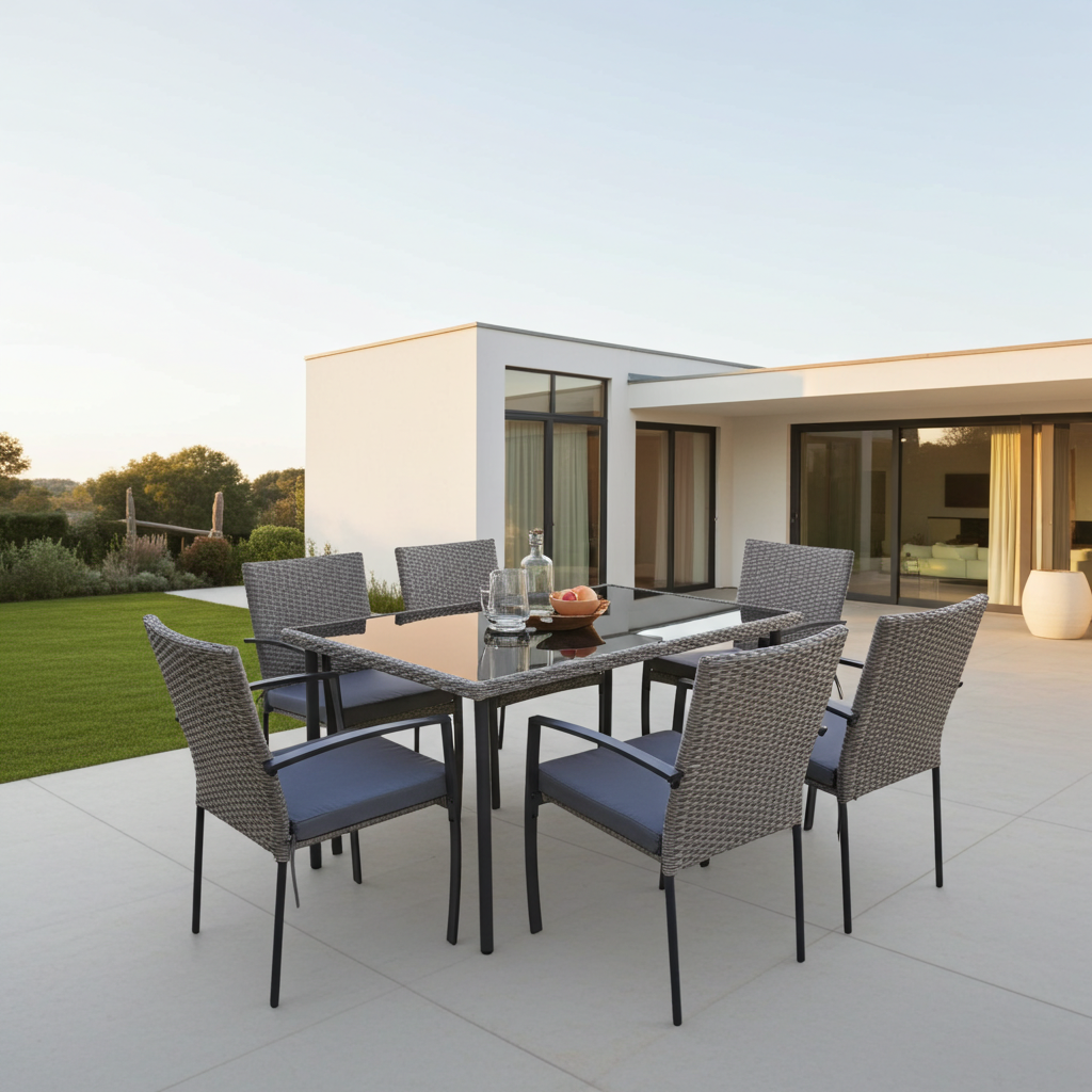 Gartenmöbel Essgruppe Sitzgruppe CARLO 7-Teilig grau aus Rattan mit Kissen Garten Terrasse Balkon