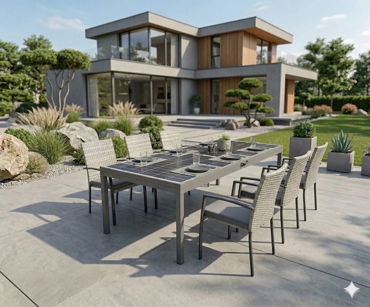 Jet-Line Solar Gartentisch 450 W Modul 6 Stühle & 800 W Wechselrichter