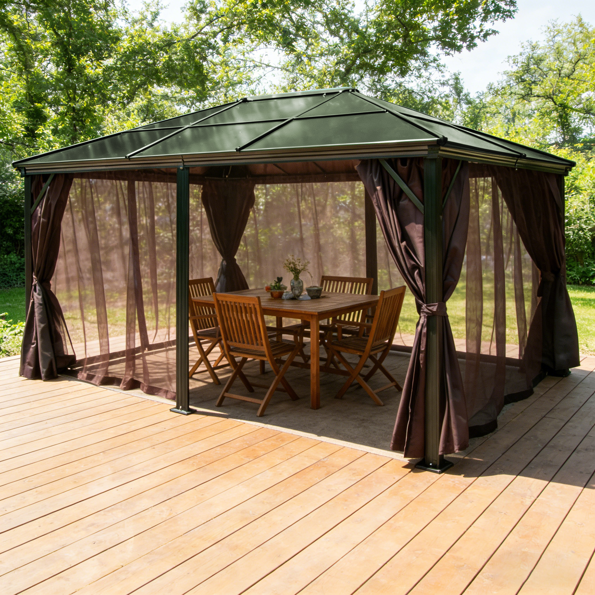 Pavillon Gartenpavillon 3,6x4,8m  Tamuros anthrazit-braun aus Aluminium mit festem Dach UV-Schutz So