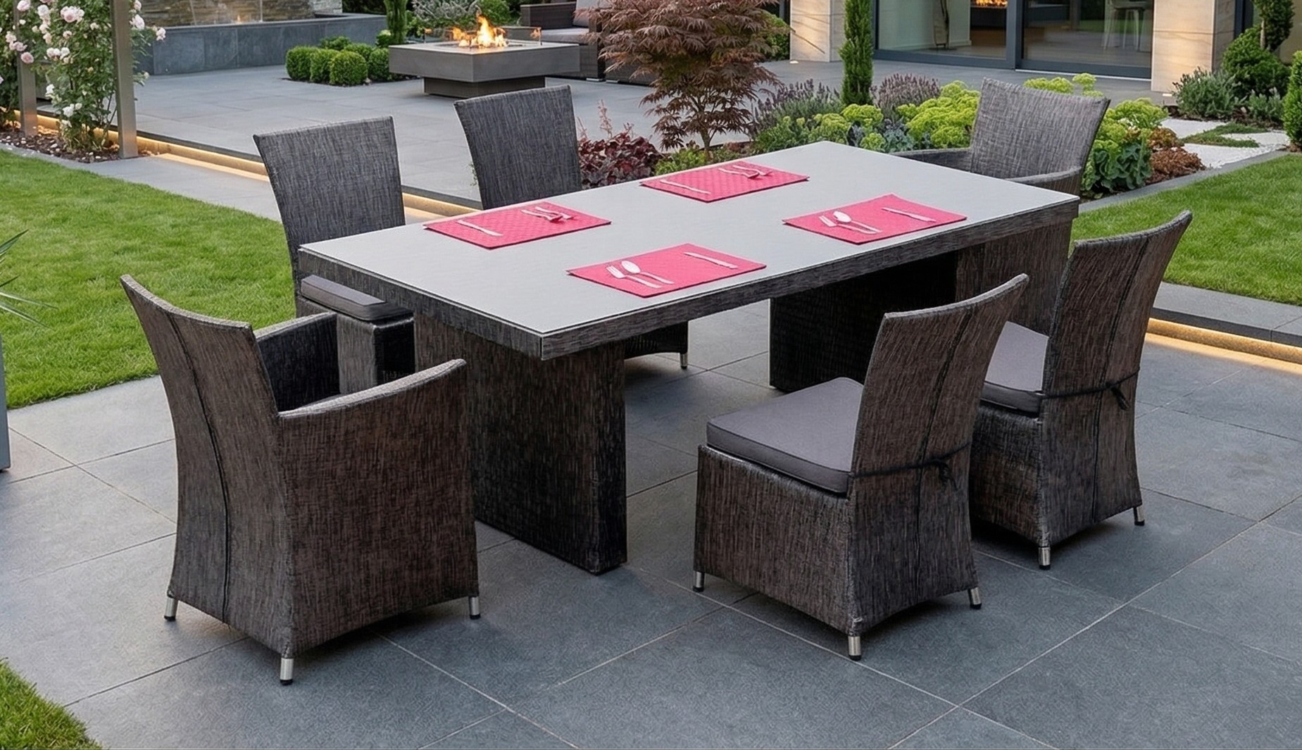 Gartenmöbel Essgruppe Sitzgruppe RÜGEN anthrazit 7-Teilig mit Kissen Wetterbeständig Garten Terrasse