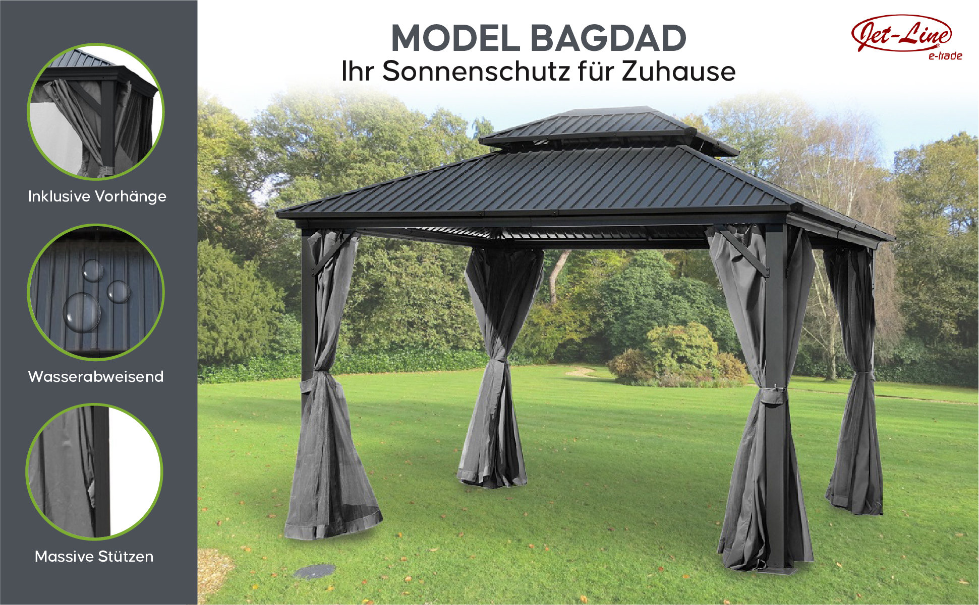 Pavillion Garten Pergola mit festem Metalldach und Alu Gestell Massive Stützen Sonnenschutz