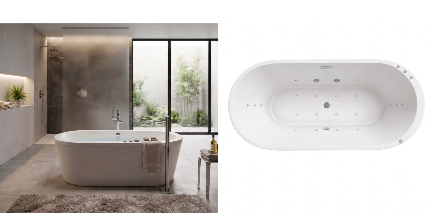Whirlpool Indoor Spa freistehende  Badewanne OSSANTA  weiß 170x80x58 cm mit Massagedüsen