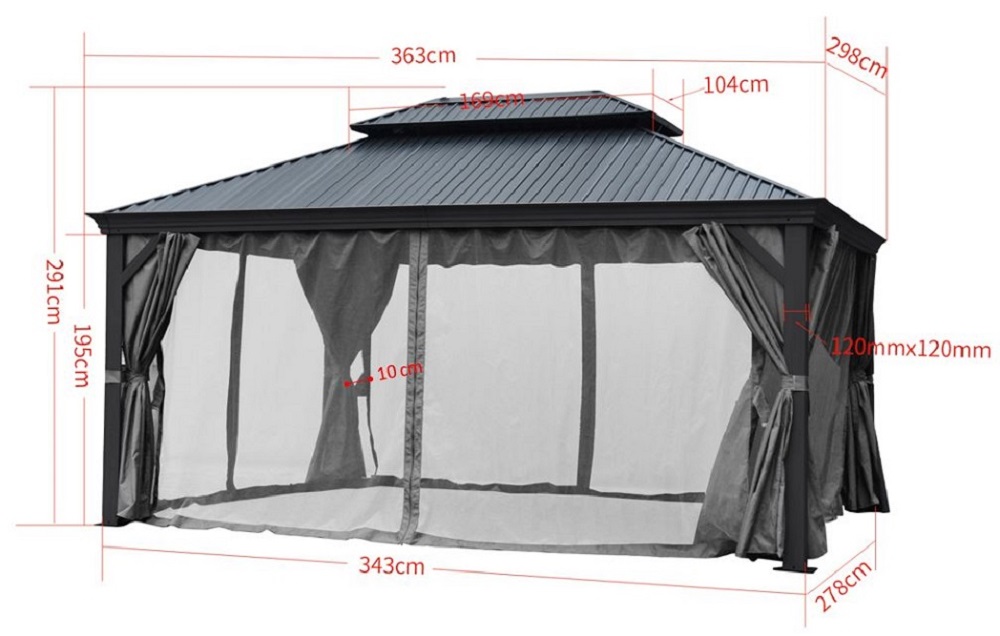 Alu Garten Pavillon DAMASKUS 3x3,65 m mit festem Metalldach Pergola