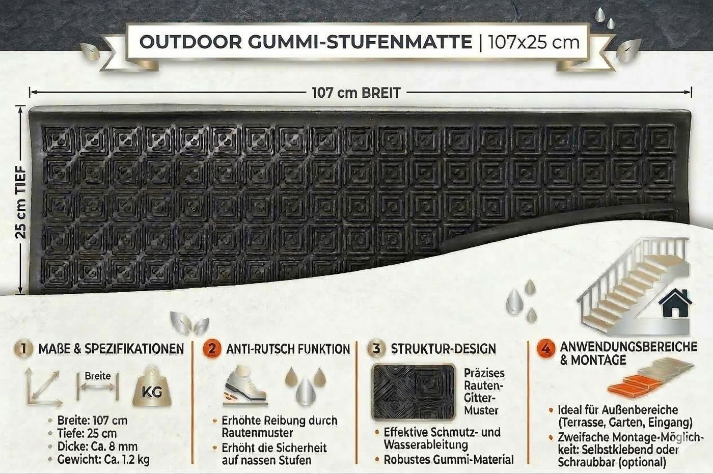 Stufenmatten AMALIA Außenbereiche Treppenmatten Antirutschmatte 25x107 cm
