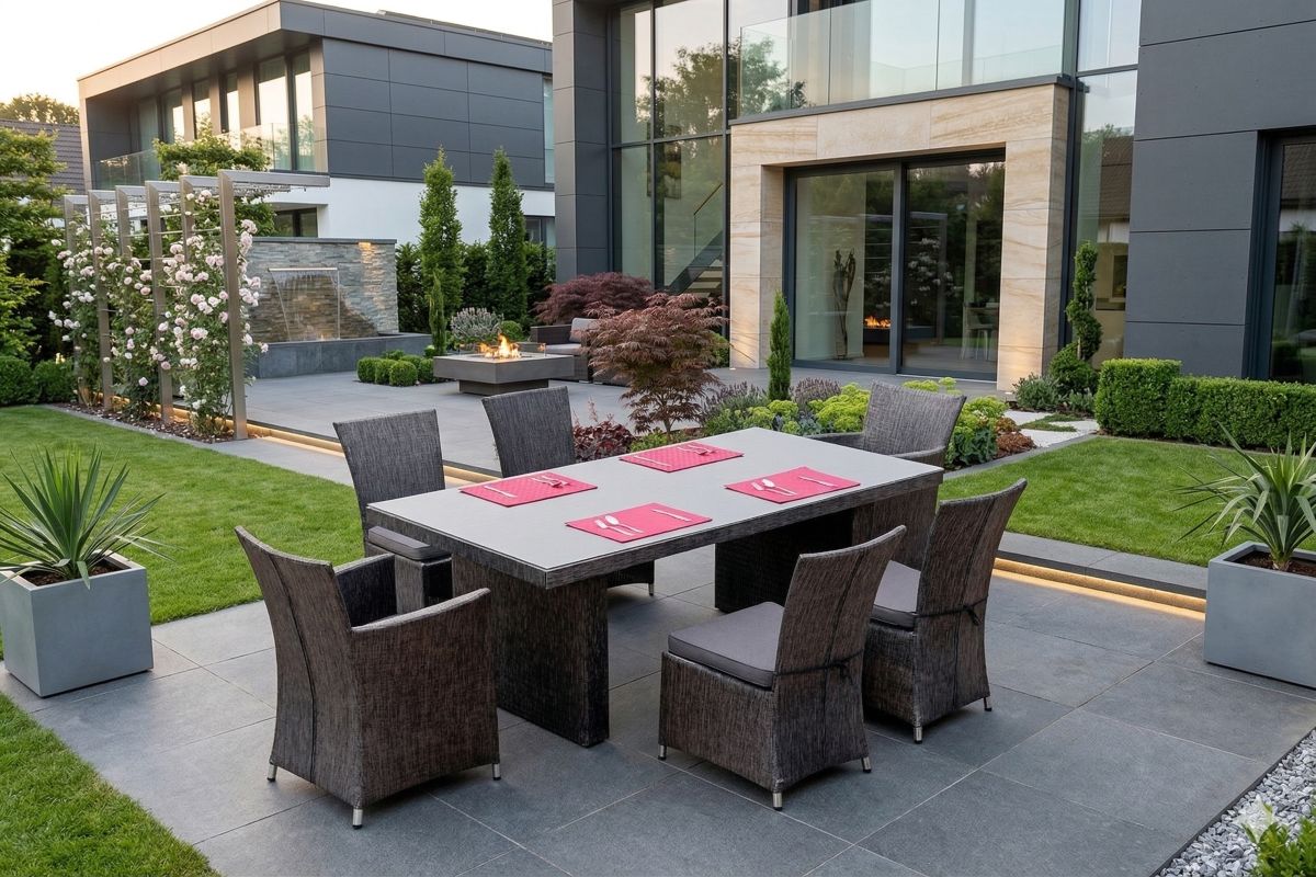 Gartenmöbel Essgruppe Sitzgruppe RÜGEN anthrazit 7-Teilig mit Kissen Wetterbeständig Garten Terrasse