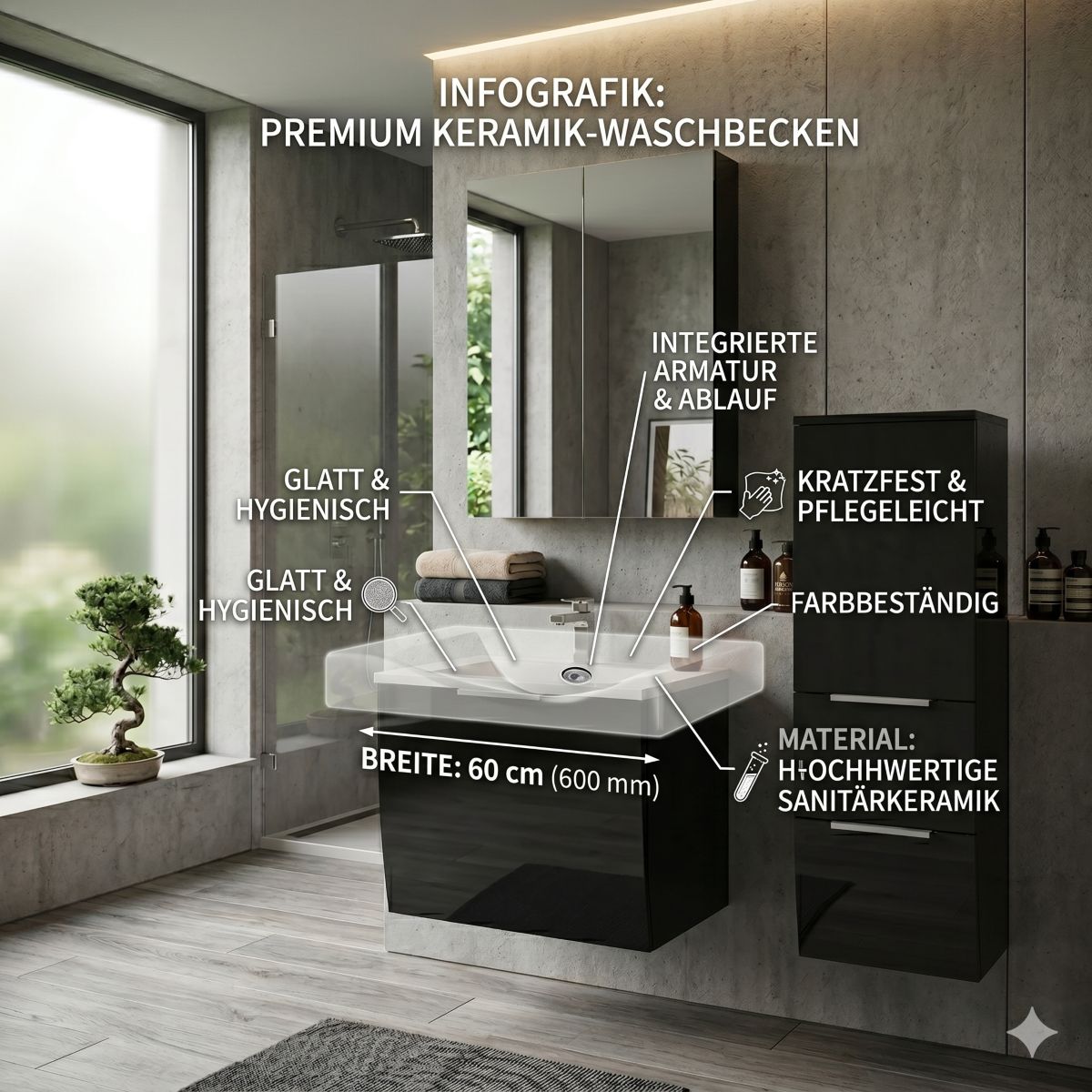 Badset Badmöbel Set 3-Teilig RORSCHACH schwarz Waschtisch,Spiegelschrank und Hängeschrank