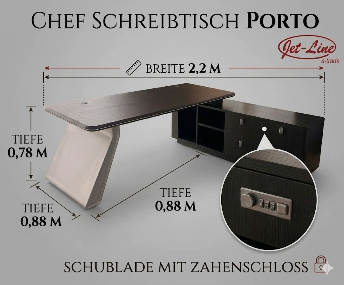 Chef Schreibtisch Eckschreibtisch Porto schwarz 220x180x75 Büromöbel