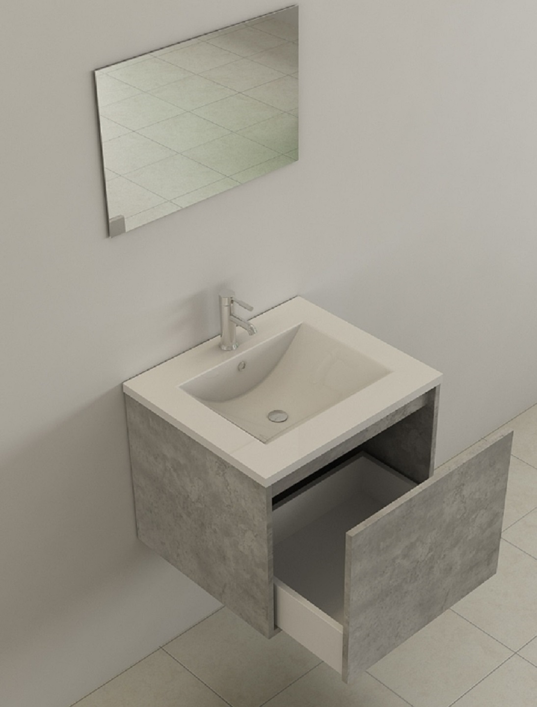 LINZ Badset Badmoebel Betonoptik 60 cm Jet-Line Waschbecken Waschtisch